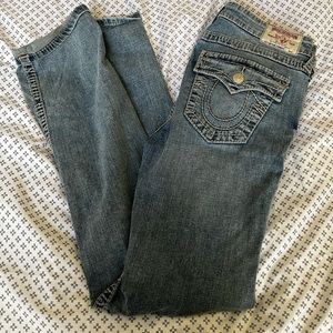 True Religion Slim Fit Straight Leg Jeans Womens Size 32 Blue Flap Pocket Denim